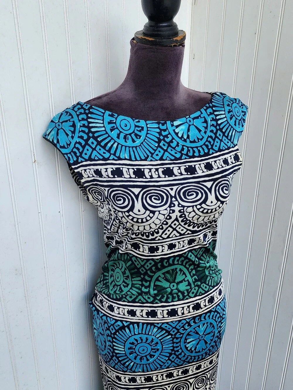 Tory Burch Medallion Print Cap Sleeve Silk Shift Dress Blue Green Stripe XS